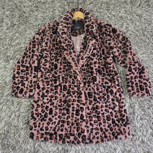 Steve Madden Coat Womens Sz M Pink Leopard Faux Fur Button Front Mob Wife - Picture 1 of 10